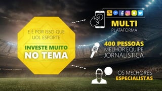 E É POR ISSO QUE
UOL ESPORTE
INVESTE MUITO
NO TEMA
MELHOR EQUIPE
JORNALÍSTICA
400 PESSOAS
OS MELHORES
ESPECIALISTAS
PLATAFORMA
MULTI
 