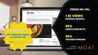 VIDEOBLAST
SEU VÍDEO EM TODOS
OS CANAIS UOL
5MM DE VIEWS EM UM
ÚNICO DIA
1 BI VIEWS
ENTREGA MENSAL:
60%
COMPLETIONRATE:
99%
TRÁFEGO HUMANO
ENTREGA
AUDITADA PELA
VÍDEOS NO UOL:
 