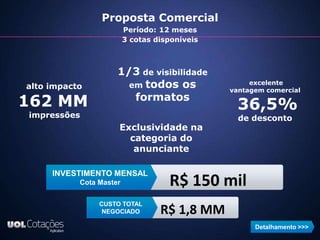 Proposta Comercial
                         Período: 12 meses
                         3 cotas disponíveis



                     1/3 de visibilidade
alto impacto           em todos os                  excelente
                                               vantagem comercial
                        formatos
162 MM                                           36,5%
impressões                                       de desconto
                     Exclusividade na
                       categoria do
                        anunciante

     INVESTIMENTO MENSAL
           Cota Master              R$ 150 mil
                CUSTO TOTAL
                 NEGOCIADO        R$ 1,8 MM
                                                     Detalhamento >>>
 