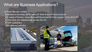 What are Business Applications?
JJ Food Service Limited:
•Business-to-business (B2B) sales of food and non-food products
•15+ years of history, using Microsoft Dynamics AX from version 3.0 to 2012 R3
•11 branches and warehouses across the UK
•60.000 customers
•100+ delivery vehicles
 