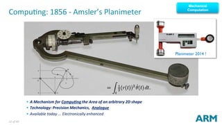 10	of	40	
CompuNng:	1856	-	Amsler’s	Planimeter	
Mechanical
Computation
Planimeter 2014 !
§  A	Mechanism	for	Compu<ng	the	Area	of	an	arbitrary	2D	shape	
§  Technology:	Precision	Mechanics,		Analogue	
§  Available	today	...	Electronically	enhanced	
 
