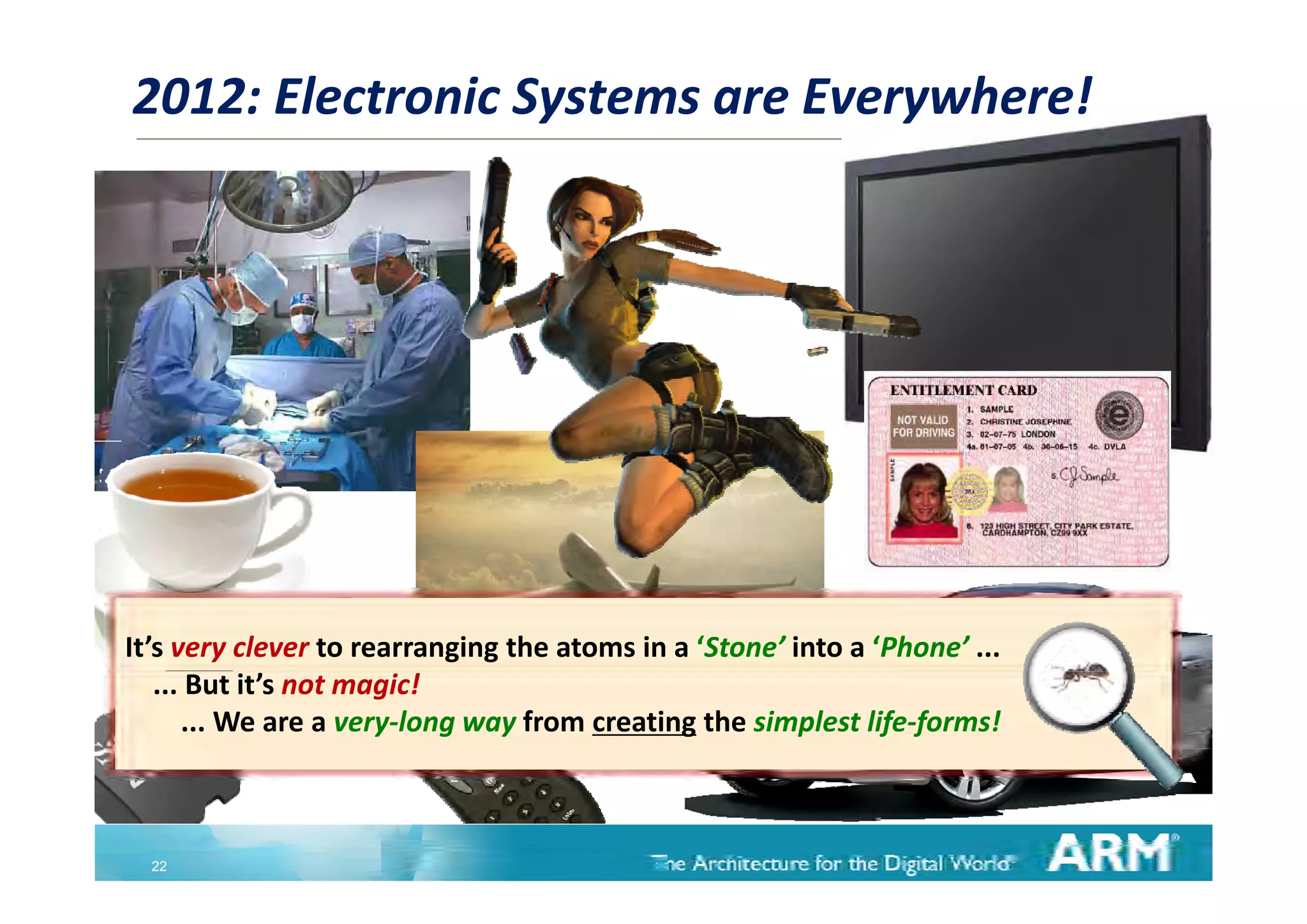 2012: Electronic Systems are Everywhere!




It’s very clever to rearranging the atoms in a ‘Stone’ into a ‘Phone’ ...
   ... But it’s not magic!
      ... We are a very‐long way from creating the simplest life‐forms!



  22
 