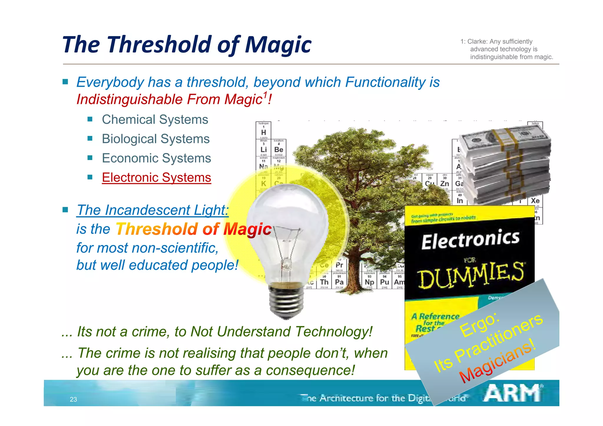 The Threshold of Magic                                          1: Clarke: Any sufficiently
                                                                    advanced technology is
                                                                    indistinguishable from magic.



    Everybody has a threshold, beyond which Functionality is
     Indistinguishable From Magic1!
            Chemical Systems
             Ch i l S t
            Biological Systems
            Economic Systems
                         y
            Electronic Systems

    The Incandescent Light:
     is the
     for most non-scientific,
     but
     b t well educated people!
            ll d   t d        l !



... Its not a crime, to Not Understand Technology!
... The c e is not realising t at peop e do t, when
      e crime s ot ea s g that people don’t,     e
    you are the one to suffer as a consequence!
    23
 