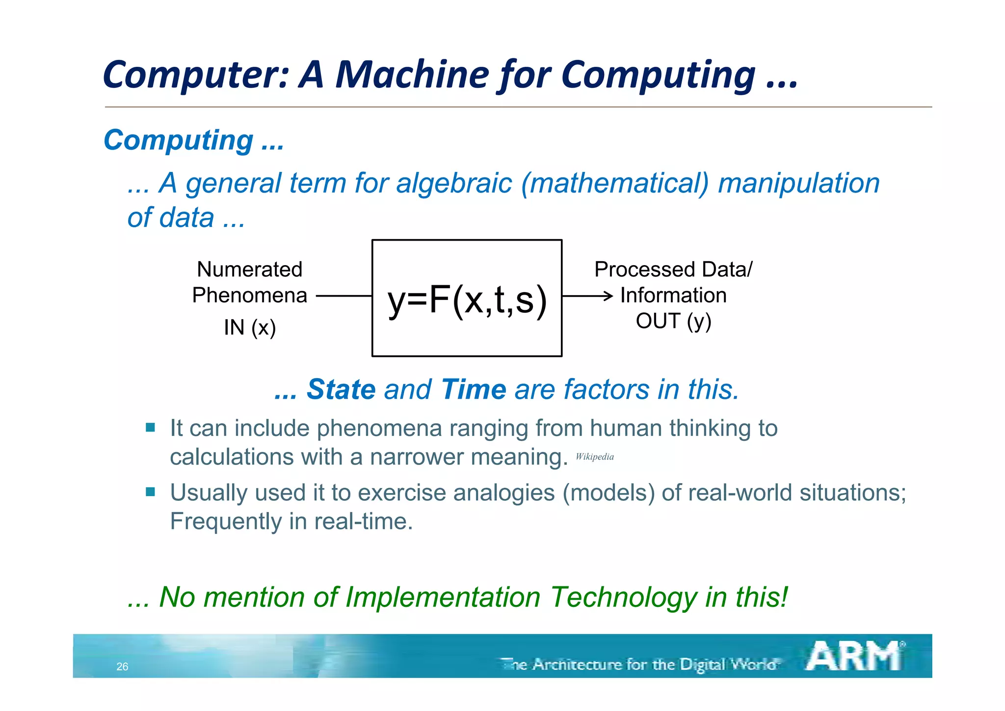 Computer: A Machine for Computing ...  
Computing ...
 ... A general term for algebraic (
       g                  g       (mathematical) manipulation
                                               )     p
 of data ...
            Numerated                                Processed Data/
            Phenomena          y=F(x,t,s)              Information
                                                         OUT (y)
              IN (x)

                    ... State and Time are factors in this.
         It can include p e o e a ranging from human t
           t ca    c ude phenomena a g g o       u a thinking to
                                                            g
          calculations with a narrower meaning.  Wikipedia



         Usually used it to exercise analogies (models) of real-world situations;
          Frequently real-time.
          Freq entl in real time


  ... No mention of Implementation Technology in this!

 26
 