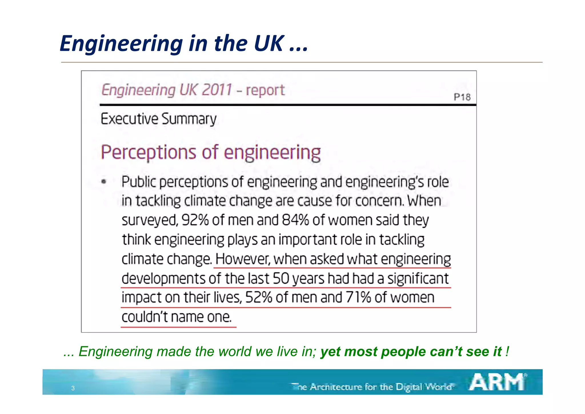 Engineering in the UK ... 




... E i
    Engineering made th world we li i yet most people can’t see it !
            i     d the    ld    live in; t  t     l     ’t

 3
 