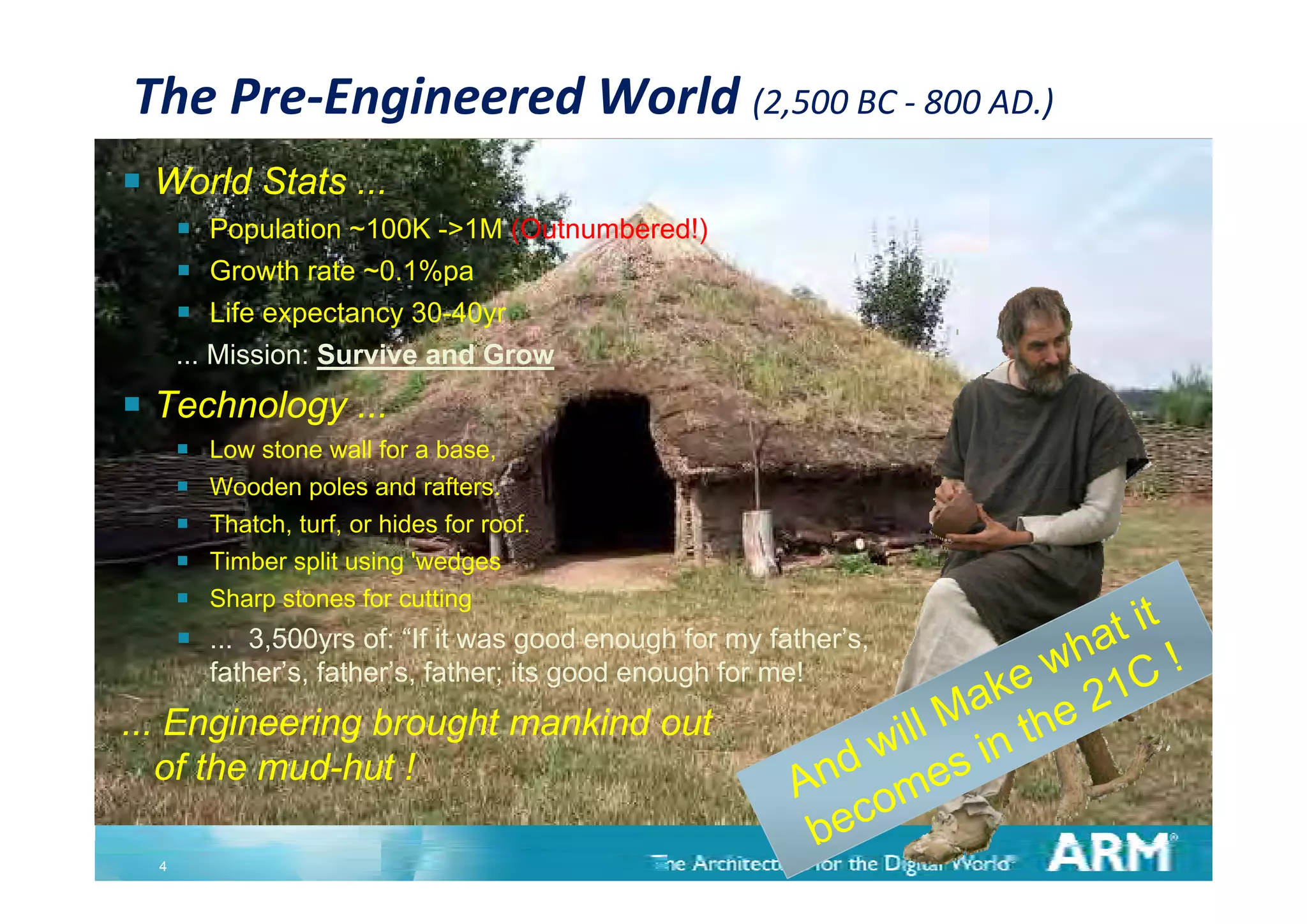 The Pre‐Engineered World (2,500 BC ‐ 800 AD.)
 World Stats ...
       Population ~100K ->1M (Outnumbered!)
       Growth rate ~0.1%pa
       Life expectancy 30-40yr
      ... Mission: Survive and Grow

 Technology ...
         Low stone wall for a base,
         Wooden poles and rafters.
         Thatch, turf, or hides for roof.
         Timber split using 'wedges
                              wedges
         Sharp stones for cutting
       ... 3,500yrs of: “If it was good enough for my father’s,
          father s, father’s
          father’s father s, father; its good enough for me!
... Engineering brought mankind out
   of the mud-hut !
          mud hut

  4
 