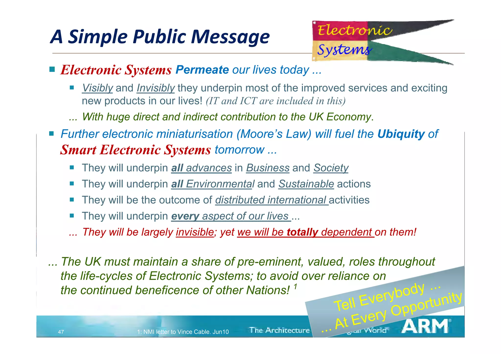 A Simple Public Message
 Electronic Systems Permeate our lives today ...
          Visibly and Invisibly they underpin most of the improved services and exciting
             new products i our li
                    d      in    lives! (IT and ICT are included in this)
                                      !
         ... With huge direct and indirect contribution to the UK Economy.
   Further electronic miniaturisation (Moore’s Law) will fuel the Ubiquity of
                                       (Moore s
    Smart Electronic Systems tomorrow ...
            They will underpin all advances in Business and Society
            They will underpin all Environmental and Sustainable actions
            They will be the outcome of distributed international activities
            They will underpin every aspect of our lives ...
         ... They will be largely invisible; yet we will be totally dependent on them!

... Th UK must maintain a share of pre-eminent, valued, roles th
    The           t    i t i    h      f       i   t   l d l throughout
                                                                     h t
    the life-cycles of Electronic Systems; to avoid over reliance on
    the continued beneficence of other Nations! 1


    47                  1: NMI letter to Vince Cable. Jun10
 