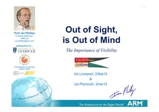 1v0




Prof. Ian Phillips
 Principal Staff Eng’r,
                            Out of Sight,
                                   Sight
       ARM Ltd
ian.phillips@arm.com

  Visiting Prof. at ...
                           is Out of Mind
                           The Importance of Visibility


Contribution to Industry
     Award 2008

                               Uo.Liverpool, 23feb12
                                        &
                               Uo.Plymouth, 2mar12




      1
 