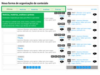 Nova forma de organização de conteúdoNotícias, matérias, análises e préviasConteúdo é separado por abas para filtrar o que existeEm últimas é exibido tudo, tanto notícia, matéria, análise e prévia. Usuário vê como uma listagem de tudo que está acontecendo e filtra o que deseja ver melhor.
