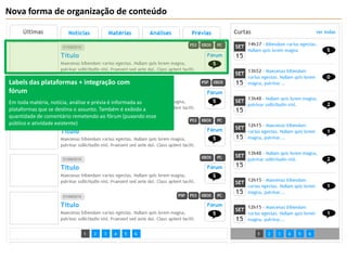 Nova forma de organização de conteúdoLabels das plataformas + integração com fórumEm toda matéria, notícia, análise e prévia é informada as plataformas que se destina o assunto. Também é exibido a quantidade de comentário remetendo ao fórum (puxando esse público e atividade existente)