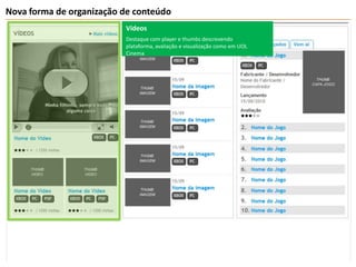 Nova forma de organização de conteúdoVídeosDestaque com player e thumbs descrevendo plataforma, avaliação e visualização como em UOL Cinema