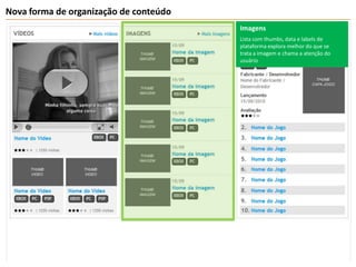Nova forma de organização de conteúdoImagensLista com thumbs, data e labels de plataforma explora melhor do que se trata a imagem e chama a atenção do usuário