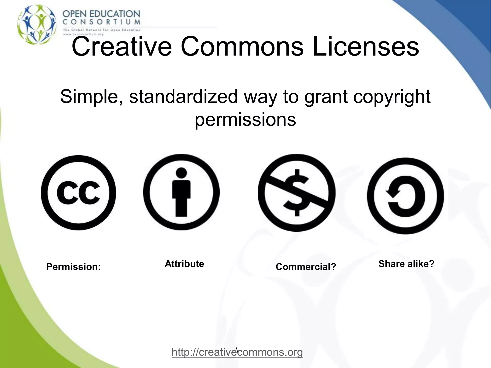 Creative Commons Licenses
Simple, standardized way to grant copyright
permissions

Permission: Attribute Commercial? Share alike?
http://creativecommons.org
 