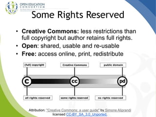 Some Rights Reserved
• Creative Commons: less restrictions than
full copyright but author retains full rights.
• Open: shared, usable and re-usable
• Free: access online, print, redistribute
Attribution: "Creative Commons: a user guide" by Simone Aliprandi
licensed CC-BY_SA_3.0_Unported.
 