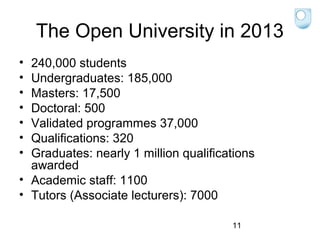 The Open University in 2013
•
•
•
•
•
•
•

240,000 students
Undergraduates: 185,000
Masters: 17,500
Doctoral: 500
Validated programmes 37,000
Qualifications: 320
Graduates: nearly 1 million qualifications
awarded
• Academic staff: 1100
• Tutors (Associate lecturers): 7000
11

 