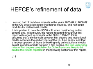 HEFCE’s refinement of data
•
•

..around half of part-time entrants in the years 2003-04 to 2006-07
in this OU population begin first degree courses, and half begin
modules for institutional credits.
It is important to note this 50/50 split when considering earlier
cohorts and, in particular, the results reported throughout this
report with regard to entrants to the OU in 1996-97. If it is
assumed that a similar split between first degree and institutional
credits occurs in the earlier years of the OU time series, and that
a large proportion of those embarking only on institutional credits
do not intend to and do not gain a first degree, the true underlying
rates of first degree completion for OU entrants are likely to be
double the results reported in the following sections of this report.
p13
18

 
