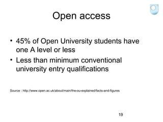 Open access
• 45% of Open University students have
one A level or less
• Less than minimum conventional
university entry qualifications
Source : http://www.open.ac.uk/about/main/the-ou-explained/facts-and-figures

19

 