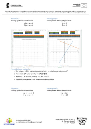 Projekt „Uczeń online” współfinansowany ze środków Unii Europejskiej w ramach Europejskiego Funduszu Społecznego
www.UczenOnline.pl
e-mail: uczen_online@supermemo.pl
SuperMemo World sp. z o.o.
ul. Romana Maya 1
61-371 Poznań
Zadanie 2 Rozwiązanie
Rozwiąż graficznie układ równań
{
2𝑥 − 𝑦 = 1
2𝑦 + 𝑥 = 8
Rozwiązaniem układu jest para liczb:
{
𝑥 = 2
𝑦 = 3
Instrukcja do zadania 1
1. Do adresów J3:K4 wpisz odpowiednie liczby ze tabeli „po przekształceniu”
2. W adresie C7 wpisz formułę =$J3*C6+$K3.
3. Komórkę C 8 uzupełnij formułą =$J4*C6+$K4
4. Odczytaj na wykresie wynik rozwiązania układu równań
Zadanie 3 Rozwiązanie
Rozwiąż graficznie układ równań
{
y = − x + 3
y = x − 4
Rozwiązaniem układu jest para liczb:
{
𝑥 = 3,5
𝑦 = −0,5
 