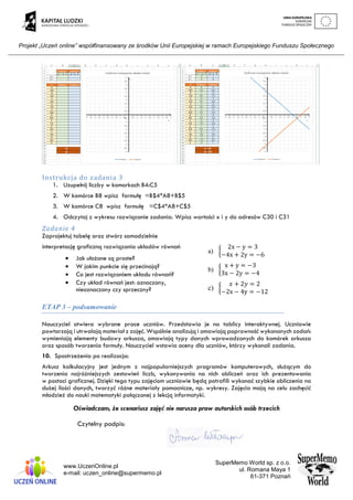 Projekt „Uczeń online” współfinansowany ze środków Unii Europejskiej w ramach Europejskiego Funduszu Społecznego
www.UczenOnline.pl
e-mail: uczen_online@supermemo.pl
SuperMemo World sp. z o.o.
ul. Romana Maya 1
61-371 Poznań
ETAP 3 – podsumowanie
Nauczyciel otwiera wybrane prace uczniów. Przedstawia je na tablicy interaktywnej. Uczniowie
powtarzają i utrwalają materiał z zajęć. Wspólnie analizują i omawiają poprawność wykonanych zadań:
wymieniają elementy budowy arkusza, omawiają typy danych wprowadzanych do komórek arkusza
oraz sposób tworzenia formuły. Nauczyciel wstawia oceny dla uczniów, którzy wykonali zadania.
10. Spostrzeżenia po realizacja:
Arkusz kalkulacyjny jest jednym z najpopularniejszych programów komputerowych, służącym do
tworzenia najróżniejszych zestawień liczb, wykonywania na nich obliczeń oraz ich prezentowania
w postaci graficznej. Dzięki tego typu zajęciom uczniowie będą potrafili wykonać szybkie obliczenia na
dużej ilości danych, tworzyć różne materiały pomocnicze, np. wykresy. Zajęcia mają na celu zachęcić
młodzież do nauki matematyki połączonej z lekcją informatyki.
Oświadczam, że scenariusz zajęć nie narusza praw autorskich osób trzecich
Czytelny podpis:
Instrukcja do zadania 3
1. Uzupełnij liczby w komorkach B4:C5
2. W komórce B8 wpisz formułę =B$4*A8+B$5
3. W komórce C8 wpisz formułę =C$4*A8+C$5
4. Odczytaj z wykresu rozwiązanie zadania. Wpisz wartości x i y do adresów C30 i C31
Zadanie 4
Zaprojektuj tabelę oraz stwórz samodzielnie
interpretację graficzną rozwiązania układów równań
 Jak ułożone są proste?
 W jakim punkcie się przecinają?
 Co jest rozwiązaniem układu równań?
 Czy układ równań jest: oznaczony,
nieoznaczony czy sprzeczny?
a) {
2x − y = 3
−4x + 2y = −6
b) {
x + y = −3
3x − 2y = −4
c) {
𝑥 + 2𝑦 = 2
−2x − 4y = −12
 