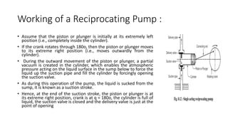 Working of a Reciprocating Pump :
• Assume that the piston or plunger is initially at its extremely left
position (i.e., completely inside the cylinder).
• If the crank rotates through 180o, then the piston or plunger moves
to its extreme right position (i.e., moves outwardly from the
cylinder).
• During the outward movement of the piston or plunger, a partial
vacuum is created in the cylinder, which enables the atmospheric
pressure acting on the liquid surface in the sump below to force the
liquid up the suction pipe and fill the cylinder by forcingly opening
the suction valve.
• As during this operation of the pump, the liquid is sucked from the
sump, it is known as a suction stroke.
• Hence, at the end of the suction stroke, the piston or plunger is at
its extreme right position, crank is at q = 180o, the cylinder is full of
liquid, the suction valve is closed and the delivery valve is just at the
point of opening
 
