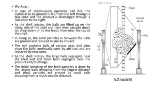 • Working :
• In case of continuously operated ball mill, the
material to be ground is fed from the left through a
60o cone and the product is discharged through a
30o cone to the right.
• As the shell rotates, the balls are lifted up on the
rising side of the shell and then they cascade down
(or drop down on to the feed), from near the top of
the shell.
• In doing so, the solid particles in between the balls
are ground and reduced in size by impact.
• The mill contains balls of various ages and sizes
since the balls continually wear by attrition and are
replaced by new ones.
• As the shell rotates, the large balls segregate near
the feed end and small balls segregate near the
product end/discharge.
• The initial breaking of the feed particles is done by
the largest balls dropping from the largest distance
and small particles are ground by small balls
dropping from a much smaller distance.
 