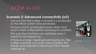 Scenario 3: Advanced connectivity (IoT)
 Lets say that the coffee machine is connected
to the office system and database.
 It knows which employees come when and
what is their coffee/drinks consumption pattern
 This way the machine can optimize when it
needs to be topped up.
 If there is a large meeting/event going on, the
coffee machine can even check before the
breaks and indicate in advance that it needs
topping up
11
Source: 3G4G Blog
 