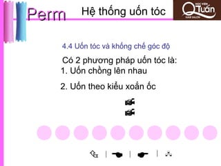 Perm    Hệ thống uốn tóc


   4.4 Uốn tóc và khống chế góc độ
   Có 2 phương pháp uốn tóc là:
   1. Uốn chồng lên nhau
   2. Uốn theo kiểu xoắn ốc
                    
                    


              |
                    |       | 
 