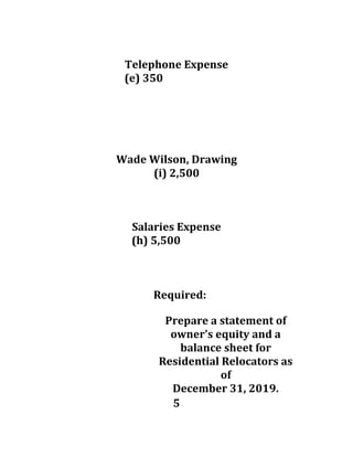 Telephone Expense
(e) 350
Wade Wilson, Drawing
(i) 2,500
Salaries Expense
(h) 5,500
Required:
Prepare a statement of
owner's equity and a
balance sheet for
Residential Relocators as
of
December 31, 2019.
5
 