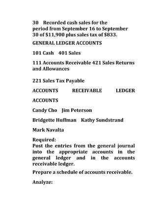 30 Recorded cash sales for the
period from September 16 to September
30 of $11,900 plus sales tax of $833.
GENERAL LEDGER ACCOUNTS
101 Cash 401 Sales
111 Accounts Receivable 421 Sales Returns
and Allowances
221 Sales Tax Payable
ACCOUNTS RECEIVABLE LEDGER
ACCOUNTS
Candy Cho Jim Peterson
Bridgette Huffman Kathy Sundstrand
Mark Navalta
Required:
Post the entries from the general journal
into the appropriate accounts in the
general ledger and in the accounts
receivable ledger.
Prepare a schedule of accounts receivable.
Analyze:
 