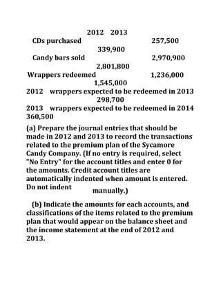 2012 2013
CDs purchased 257,500
339,900
Candy bars sold 2,970,900
2,801,800
Wrappers redeemed 1,236,000
1,545,000
2012 wrappers expected to be redeemed in 2013
298,700
2013 wrappers expected to be redeemed in 2014
360,500
(a) Prepare the journal entries that should be
made in 2012 and 2013 to record the transactions
related to the premium plan of the Sycamore
Candy Company. (If no entry is required, select
"No Entry" for the account titles and enter 0 for
the amounts. Credit account titles are
automatically indented when amount is entered.
Do not indent
(b) Indicate the amounts for each accounts, and
classifications of the items related to the premium
plan that would appear on the balance sheet and
the income statement at the end of 2012 and
2013.
manually.)
 