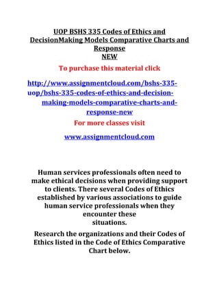 UOP BSHS 335 Codes of Ethics and
DecisionMaking Models Comparative Charts and
Response
NEW
To purchase this material click
http://www.assignmentcloud.com/bshs-335-
uop/bshs-335-codes-of-ethics-and-decision-
making-models-comparative-charts-and-
response-new
For more classes visit
www.assignmentcloud.com
Human services professionals often need to
make ethical decisions when providing support
to clients. There several Codes of Ethics
established by various associations to guide
human service professionals when they
encounter these
situations.
Research the organizations and their Codes of
Ethics listed in the Code of Ethics Comparative
Chart below.
 