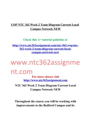 UOP NTC 362 Week 2 Team Diagram Current Local
Campus Network NEW
Check this A+ tutorial guideline at
http://www.ntc362assignment.com/ntc-362-uop/ntc-
362-week-2-team-diagram-current-local-
campus-network-new
www.ntc362assignme
nt.comFor more classes visit
http://www.ntc362assignment.com
NTC 362 Week 2 Team Diagram Current Local
Campus Network NEW
Throughout the course you will be working with
improvements to the Bedford Campus and its
 