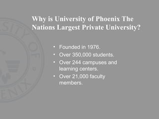 Why is University of Phoenix The Nations Largest Private University? Founded in 1976. Over 350,000 students. Over 244 campuses and learning centers. Over 21,000 faculty members. 