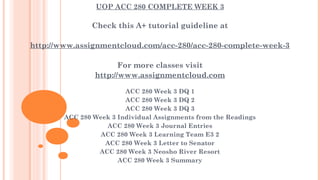 UOP ACC 280 COMPLETE WEEK 3
Check this A+ tutorial guideline at
 
http://www.assignmentcloud.com/acc-280/acc-280-complete-week-3
 
For more classes visit
http://www.assignmentcloud.com
 
ACC 280 Week 3 DQ 1
ACC 280 Week 3 DQ 2
ACC 280 Week 3 DQ 3
ACC 280 Week 3 Individual Assignments from the Readings
ACC 280 Week 3 Journal Entries
ACC 280 Week 3 Learning Team E3 2
ACC 280 Week 3 Letter to Senator
ACC 280 Week 3 Neosho River Resort
ACC 280 Week 3 Summary
 
 