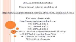 UOP ACC 280 COMPLETE WEEK 4
Check this A+ tutorial guideline at
 
http://www.assignmentcloud.com/acc-280/acc-280-complete-week-4
 
For more classes visit
http://www.assignmentcloud.com
ACC 280 Week 4 DQ 1
ACC 280 Week 4 DQ 2
ACC 280 Week 4 DQ 3
ACC 280 Week 4 Individual Assignments from the Readings
ACC 280 Week 4 Learning Team P4-2A
ACC 280 Week 4 Learning Team PPT
ACC 280 Week 4 Summary
 