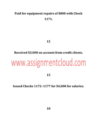 Paid for equipment repairs of $800 with Check
1171.
12
Received $3,000 on account from credit clients.
15
Issued Checks 1172–1177 for $4,000 for salaries.
18
 