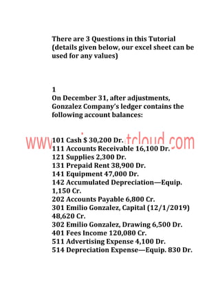 There are 3 Questions in this Tutorial
(details given below, our excel sheet can be
used for any values)
1
On December 31, after adjustments,
Gonzalez Company’s ledger contains the
following account balances:
101 Cash $ 30,200 Dr.
111 Accounts Receivable 16,100 Dr.
121 Supplies 2,300 Dr.
131 Prepaid Rent 38,900 Dr.
141 Equipment 47,000 Dr.
142 Accumulated Depreciation—Equip.
1,150 Cr.
202 Accounts Payable 6,800 Cr.
301 Emilio Gonzalez, Capital (12/1/2019)
48,620 Cr.
302 Emilio Gonzalez, Drawing 6,500 Dr.
401 Fees Income 120,080 Cr.
511 Advertising Expense 4,100 Dr.
514 Depreciation Expense—Equip. 830 Dr.
 