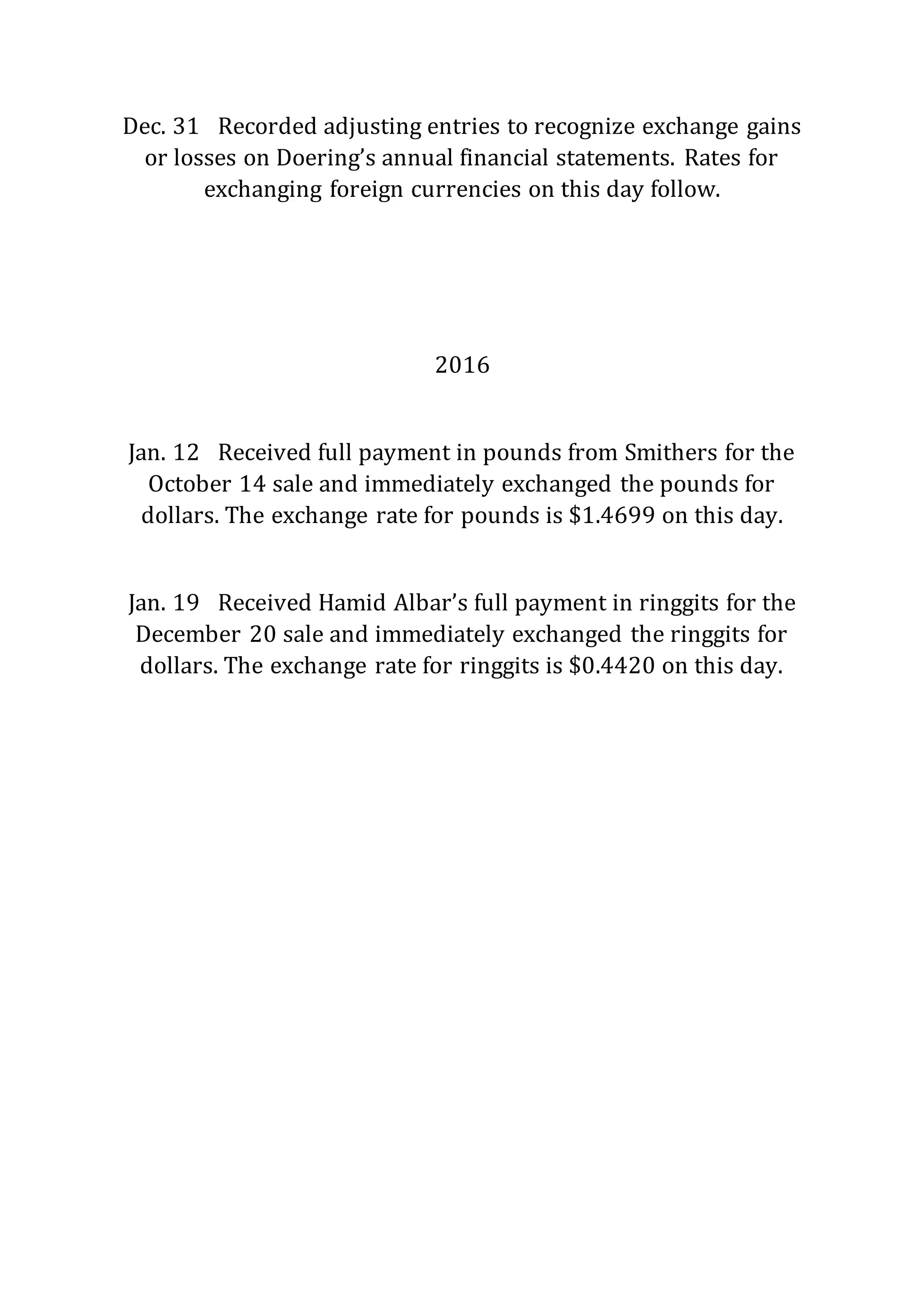 Dec. 31 Recorded adjusting entries to recognize exchange gains
or losses on Doering’s annual financial statements. Rates for
exchanging foreign currencies on this day follow.
2016
Jan. 12 Received full payment in pounds from Smithers for the
October 14 sale and immediately exchanged the pounds for
dollars. The exchange rate for pounds is $1.4699 on this day.
Jan. 19 Received Hamid Albar’s full payment in ringgits for the
December 20 sale and immediately exchanged the ringgits for
dollars. The exchange rate for ringgits is $0.4420 on this day.
 