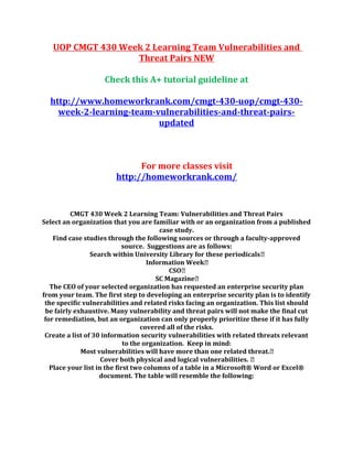 UOP CMGT 430 Week 2 Learning Team Vulnerabilities and
Threat Pairs NEW
Check this A+ tutorial guideline at
http://www.homeworkrank.com/cmgt-430-uop/cmgt-430-
week-2-learning-team-vulnerabilities-and-threat-pairs-
updated
For more classes visit
http://homeworkrank.com/
CMGT 430 Week 2 Learning Team: Vulnerabilities and Threat Pairs
Select an organization that you are familiar with or an organization from a published
case study.
Find case studies through the following sources or through a faculty-approved
source. Suggestions are as follows:
Search within University Library for these periodicals
Information Week
CSO
SC Magazine
The CEO of your selected organization has requested an enterprise security plan
from your team. The first step to developing an enterprise security plan is to identify
the specific vulnerabilities and related risks facing an organization. This list should
be fairly exhaustive. Many vulnerability and threat pairs will not make the final cut
for remediation, but an organization can only properly prioritize these if it has fully
covered all of the risks.
Create a list of 30 information security vulnerabilities with related threats relevant
to the organization. Keep in mind:
Most vulnerabilities will have more than one related threat.
Cover both physical and logical vulnerabilities. 
Place your list in the first two columns of a table in a Microsoft® Word or Excel®
document. The table will resemble the following:
 