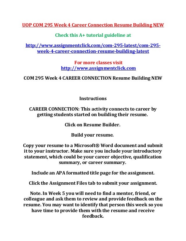 uop com 295 week 4 career connection resume building new resume guideline