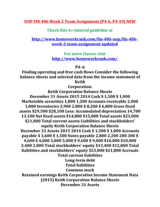 UOP FIN 486 Week 2 Team Assignment (P4-6, P4-19) NEW
Check this A+ tutorial guideline at
http://www.homeworkrank.com/fin-486-uop/fin-486-
week-2-team-assignment-updated
For more classes visit
http://www.homeworkrank.com/
P4–6
Finding operating and free cash flows Consider the following
balance sheets and selected data from the income statement of
Keith
Corporation.
Keith Corporation Balance Sheets
December 31 Assets 2015 2014 Cash $ 1,500 $ 1,000
Marketable securities 1,800 1,200 Accounts receivable 2,000
1,800 Inventories 2,900 2,800 $ 8,200 $ 6,800 Gross fixed
assets $29,500 $28,100 Less: Accumulated depreciation 14,700
13,100 Net fixed assets $14,800 $15,000 Total assets $23,000
$21,800 Total current assets Liabilities and stockholders’
equity Keith Corporation Balance Sheets
December 31 Assets 2015 2014 Cash $ 1,500 $ 1,000 Accounts
payable $ 1,600 $ 1,500 Notes payable 2,800 2,200 200 300 $
4,600 $ 4,000 5,000 5,000 $ 9,600 $ 9,000 $10,000 $10,000
3,400 2,800 Total stockholders’ equity $13,400 $12,800 Total
liabilities and stockholders’ equity $23,000 $21,800 Accruals
Total current liabilities
Long-term debt
Total liabilities
Common stock
Retained earnings Keith Corporation Income Statement Data
(2015) Keith Corporation Balance Sheets
December 31 Assets
 