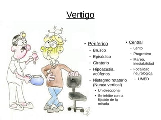 Vertigo
●
Periferico
– Brusco
– Episódico
– Giratorio
– Hipoacusia,
acúfenos
– Nistagmo rotatorio
(Nunca vertical)
● Unidireccional
● Se inhibe con la
fijación de la
mirada
● Central
– Lento
– Progresivo
– Mareo,
inestabilidad
– Focalidad
neurológica
– → UMED
 