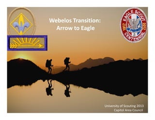 Webelos Transition:
  Arrow to Eagle




                      University of Scouting 2013
                            Capitol Area Council
 