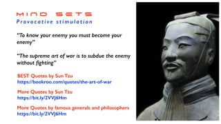 M I N D S E T S
P r o v o c a t i v e s t i m u l a t i o n
More Quotes by famous generals and philosophers
https://bit.ly/2VVJ6Hm
More Quotes by Sun Tzu
https://bit.ly/2VVJ6Hm
BEST Quotes by Sun Tzu
https://bookroo.com/quotes/the-art-of-war
“The supreme art of war is to subdue the enemy
without ﬁghting”
“To know your enemy you must become your
enemy”
 