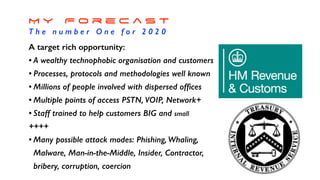 M y F o r e c a s t
T h e n u m b e r O n e f o r 2 0 2 0
A target rich opportunity:
• A wealthy technophobic organisation and customers
• Processes, protocols and methodologies well known
• Millions of people involved with dispersed ofﬁces
• Multiple points of access PSTN, VOIP, Network+
• Staff trained to help customers BIG and small
++++
• Many possible attack modes: Phishing, Whaling,
Malware, Man-in-the-Middle, Insider, Contractor,
bribery, corruption, coercion
 