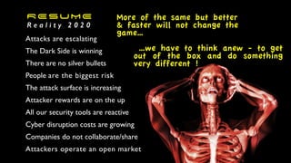 RESUME
R e a l i t y 2 0 2 0
Attacks are escalating
The Dark Side is winning
There are no silver bullets
People are the biggest risk
The attack surface is increasing
Attacker rewards are on the up
All our security tools are reactive
Cyber disruption costs are growing
Companies do not collaborate/share
Attackers operate an open market
More of the same but better
& faster will not change the
game…
…we have to think anew - to get
out of the box and do something
very different !
 