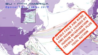 EU - Nth America
O p t i c a l F i b r e C a b l e s 2 0 1 9
C
A
B
LE
FA
ILS
A
R
E
R
A
R
E
a
n
d
m
a
in
ly
c
a
u
s
ed
b
y
h
u
m
a
n
in
ter
v
en
tio
n
tr
a
w
ls
a
n
c
h
o
r
s
p
lu
s
tid
a
l
a
c
tio
n
 