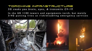 TORching infrastructure
5 G c o o k s y o u b r a i n , e y e s , & t r a n s m i t s C V - 1 9
I n t h e U K > 1 0 0 t o w e r s a n d e q u i p m e n t s t o r c h , b u t m a i n l y
3 / 4 G p u t t i n g l i v e s a t r i s k / d i s a b l i n g e m e r g e n c y s e r v i c e s
 