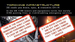 TORching infrastructure
5 G c o o k s y o u b r a i n , e y e s , & t r a n s m i t s C V - 1 9
I n t h e U K > 1 0 0 t o w e r s a n d e q u i p m e n t s t o r c h , b u t m a i n l y
3 / 4 G p u t t i n g l i v e s a t r i s k / d i s a b l i n g e m e r g e n c y s e r v i c e s
This is the pow
er of
ignorance w
rit large
belief paranoia
and
a
lack
of any basic
education
3 4 5G save lives day
on
day and these
fools do not know
that they are killing
people
 