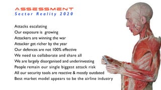 Assessment
S e c t o r R e a l i t y 2 0 2 0
Attacks escalating
Our exposure is growing
Attackers are winning the war
Attacker get richer by the year
Our defences are not 100% effective
We need to collaborate and share all
We are largely disorganised and underinvesting
People remain our single biggest attack risk
All our security tools are reactive & mostly outdated
Best market model appears to be the airline industry
 